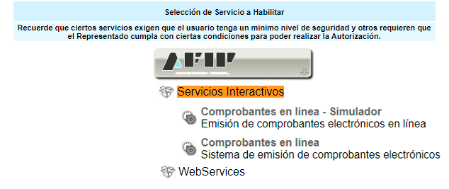 seleccion de servicio para comprobantes en línea