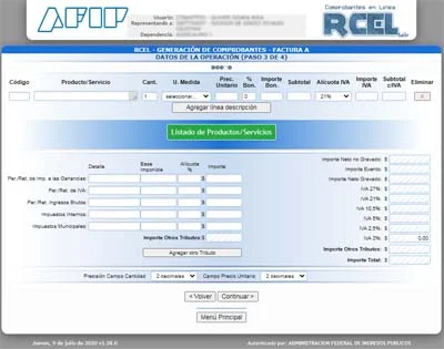 Listado de productos para Factura electrónica RECE