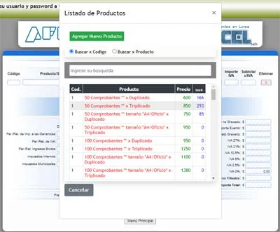 Seleccion de productos para Factura electrónica